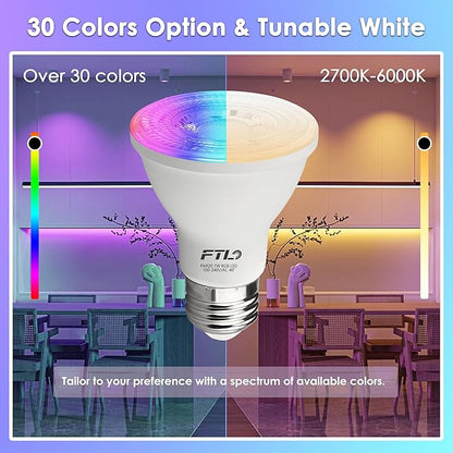 FTL PAR20 LED Bulbs Color Changing Light Bulbs with Remote Control, Dimmable RGB Colored Bulbs 2700K-6000K 7W 60W Equivalent, Timer,30 Colors, Flood Light for Track Recessed Lighting, 10-Pack