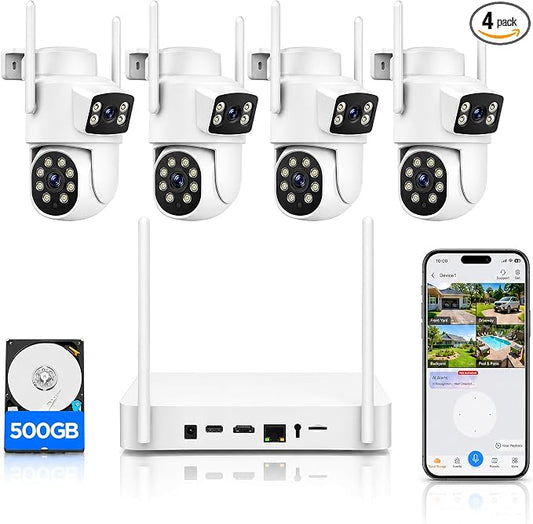 Camcamp Home Security Camera System Wireless Outdoor, 4 Dual Lens Cameras | PTZ auto tracking,10CH NVR,500GB HDD,24/7 recording,no monthly fee,color night vision,2-way audio,IP66 weatherproof