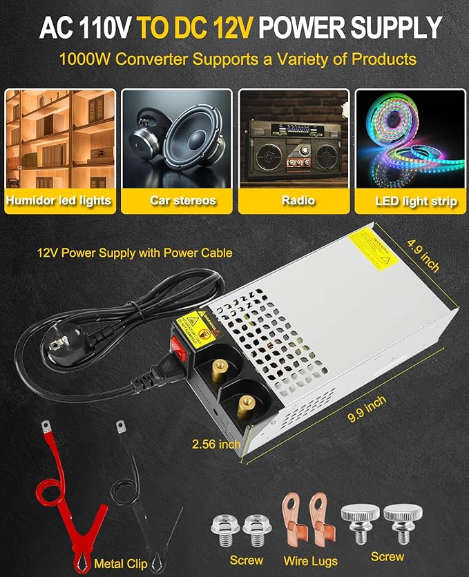EAGWELL 12V Power Supply 1000W, Universal SMPS 120V AC to 12V DC Converter Switching Power Supply DC Transformer Driver Adapter for Diesel Heater, RV,Pump, LCD Monitor