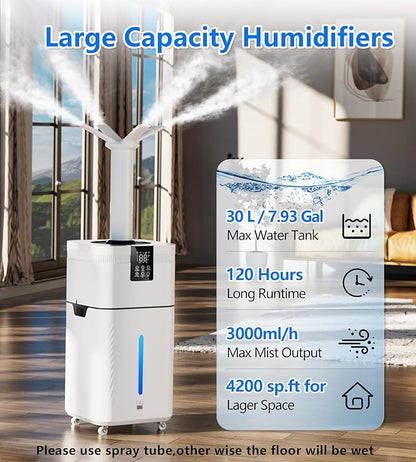 30L/7.93Gal Humidifier Large Room 4200 ft², Supersized Cool Mist, 120H Quiet Humidifiers for Bedroom, 3000mL/h Mist Output, Touch/Remote Control, Humidifiers for Home, Whole House, Plant, White