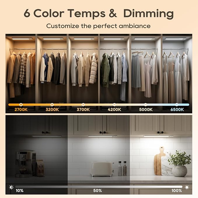 14.7 Inch Under Cabinet Lighting, 6 Color Temps Motion Sensor Light Indoor, LED Power Display Rechargeable Battery Operated Closet Light with Remote, Dimmable Under Counter Lights for Kitchen-2 Pack
