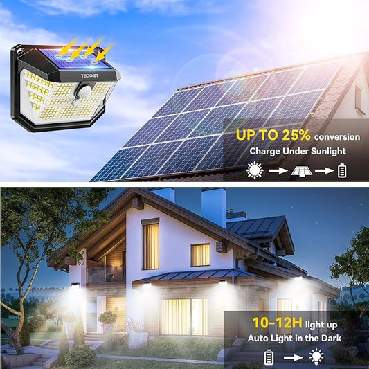 TECKNET 231 LED Solar Motion Lights Outdoor, 300° Angle & 3 Lighting Modes, PIR Motion Sensor & IP65 Security Solar Wall Lights for Fence Front Door Yard Deck Garden Garage(6 Pack-Cool Light)