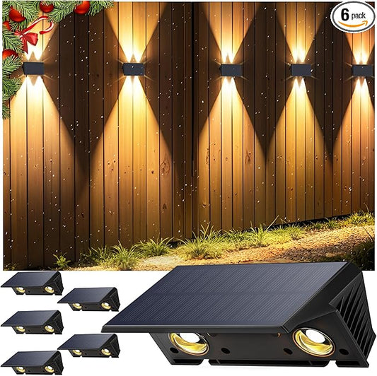 Fence Lights Solar Powered, 6-Pack Solar Fence Lights Up/Down Flexible Buttons, IP67 Waterproof for Outdoor, 100LM Bright, Auto Dusk to Dawn for Wall/Stairs/Yard/Railing/Deck/Pathway (Warm White)