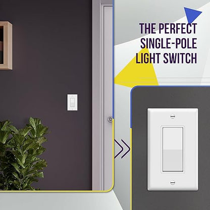 ENERLITES Decorator Paddle Light Switch with Wall Plates, Wall Decor Switch, Single Pole, 3 Wire, Grounding Screw, Residential Grade, 15A 120V/277V, UL Listed, White