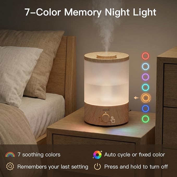 AZEUS 3.5L Cool Mist Humidifier with 7-Color Night Light, Woodgrain
