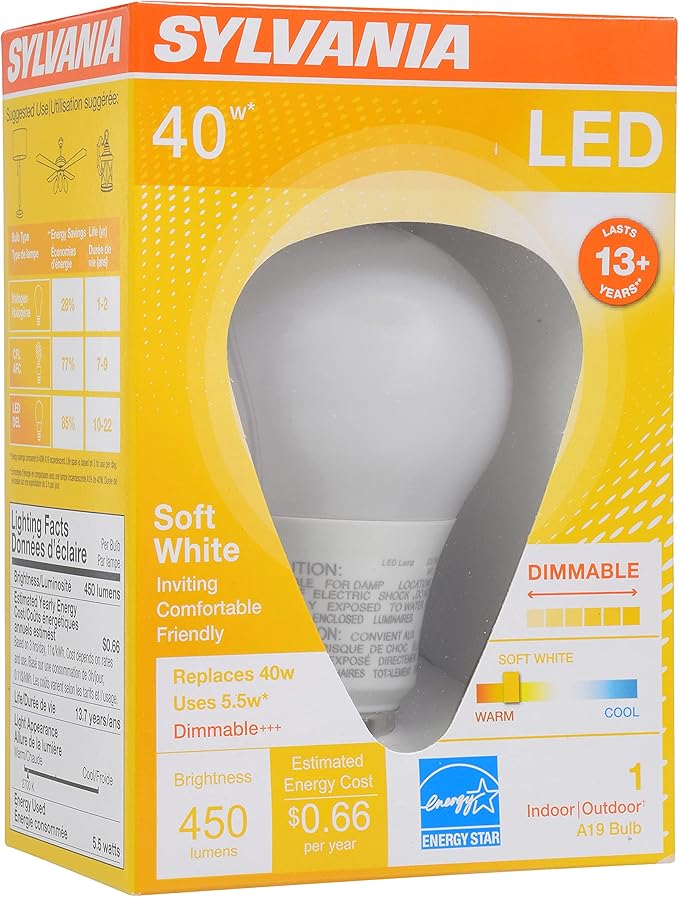 Sylvania A19 LED Light Bulb, 5.5W, 40W Equivalent, 13 Year, Dimmable, 450 Lumens. 2700K, Soft White - 1 Pack (74688)