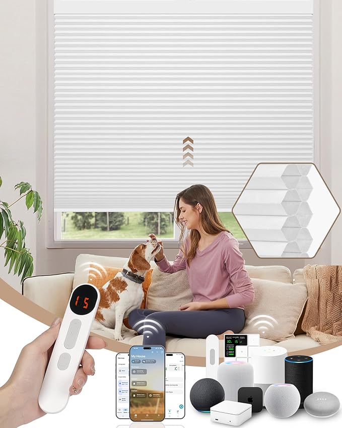 Kincmo Motorized Cellular Shades, Custom Motorized Blinds with Remote, Cordless Smart Electric Honeycomb Blinds Work with Apple HomeKit, Alexa, Google (100%-Blackout-Double-Cell White)