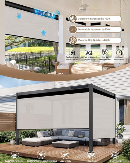 Kincmo Motorized Outdoor Shades for Patio Porch, Custom Outdoor Motorized Blinds with Remote, Waterproof & Windproof Patio Shades Work with Apple Homekit,Alexa,Google (1% Openness White)