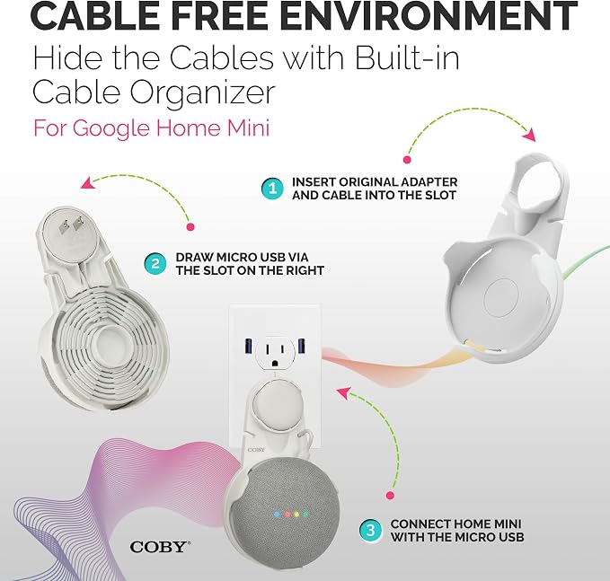 Coby Wall-Outlet Smart Speaker Mount, Outlet Shelf with Cable Management, No-Screw Holder Compatible with Google Home Mini 1st & 2nd Gen, Space-Saving Wall Mount, White