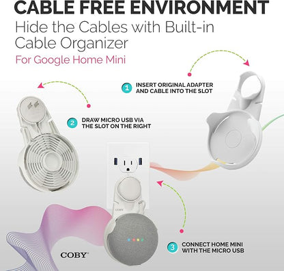 Coby Wall-Outlet Smart Speaker Mount, Outlet Shelf with Cable Management, No-Screw Holder Compatible with Google Home Mini 1st & 2nd Gen, Space-Saving Wall Mount, White