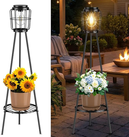 MXwcy Solar Lights Outdoor with LED Edison Bulbs, Solar Floor Lamp with Plant Stands for Garden Yard Pathway Driveway Front/Back Porch Decoration