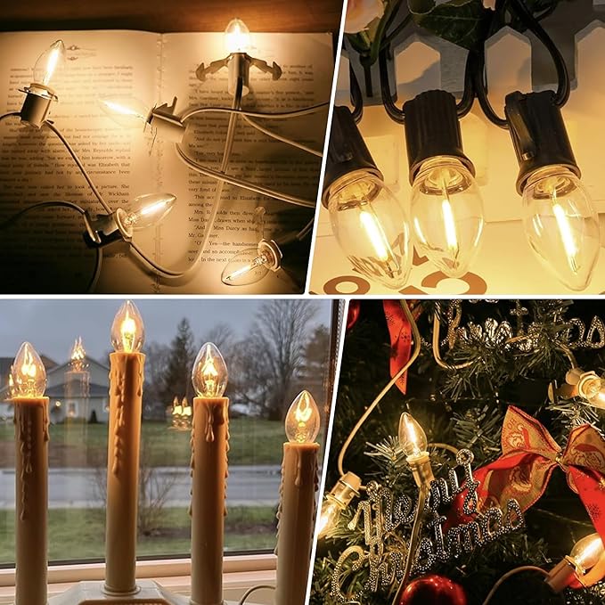 C7 LED E12 Candelabra Bulb Small Edison Candle Night Light Bulbs Salt Lamp Bulbs 0.5W Equivalent 5W 7W Warm White 2700K Clear Bulbs for Chandelier Christmas Light 50 Lumens Non-Dimmable (Pack of 2)