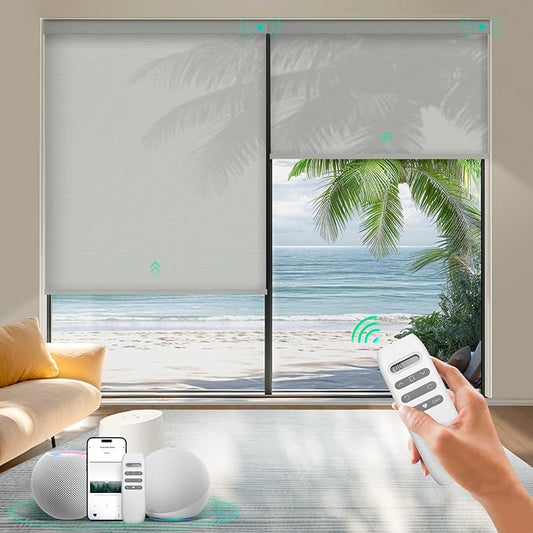 HeyBlinds Motorized Blinds with Remote, Smart Roller Shades with App & Voice Control, Work with Alexa Google HomeKit, Light Filtering Custom Window Shades for Living Room Office (Simply-Light Gray LF)