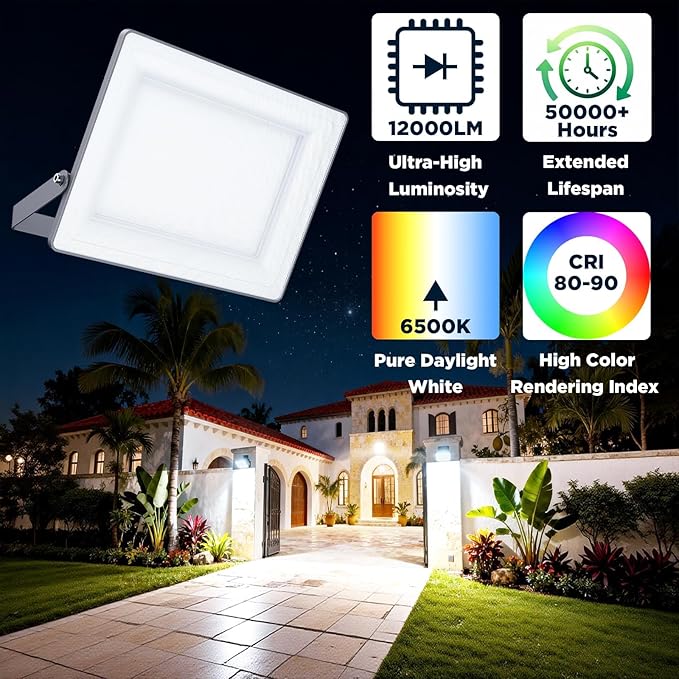 100W 12000LM Flood Lights Outdoor, Bright LED Work Light with Plug, 6500K Daylight White LED Flood Lighting, Security Yard Lights, Waterproof for Garage, Yard, Porch 1 Pack