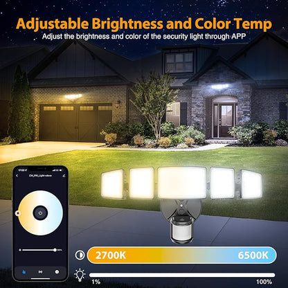 Onforu 5 Heads 120W 12000LM Smart LED Security Lights Motion Sensor Outdoor, APP Control 340° Illumination WiFi Alexa Flood Light 2700K-6500K Exterior Motion Detector, IP65 Wall Light for Yard, Black