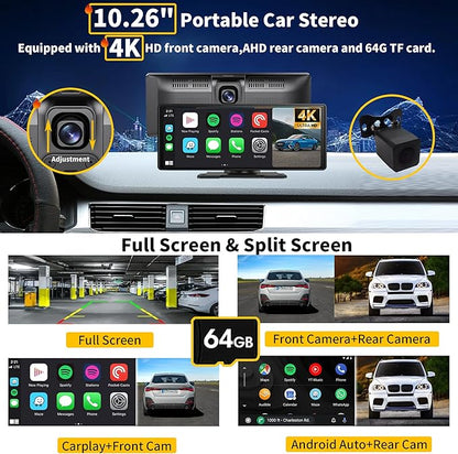 SCUMAXCON 10.26" Portable Car Stereo Wireless Carplay Android Auto 4K Dash Cam IPS Touchscreen Backup Camera Loop Recording GPS Navigation Bluetooth FM AUX Built in Speaker Car Audio Receiver
