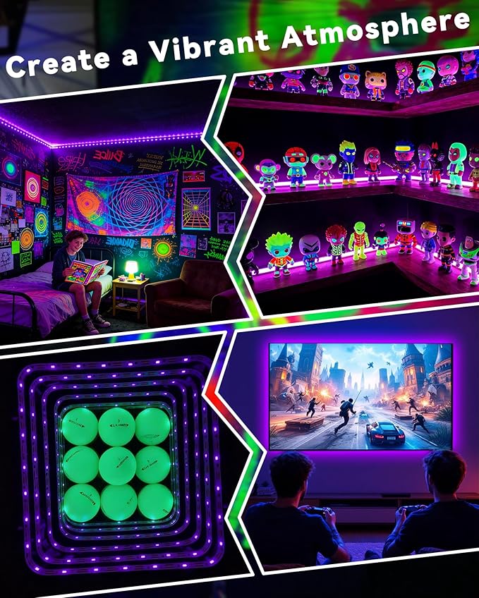 16.4FT Black Light Strip with USB Plug + Battery Box, Adhesive 300LEDs Blacklight Fixture, Battery & USB Operated for Glow Neon Party Birthday Glass Cabinet Fluorescent Poster Fishing Boat