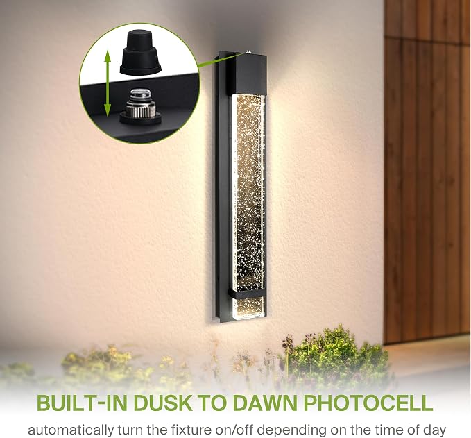 ASD LED 24" Bubble Glass Wall Light Fixture, Outdoor Dusk to Dawn Sconce | 3CCT, Waterproof, Photocell, ETL Listed | 12W 500LM 3000-5000K 120V | Exterior Lantern, Porch Lighting | Black