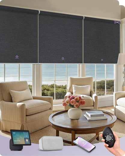 Graywind Smart Coupled Roller Shades Compatible with Alexa Google Custom Size Extra Large Motorized Blinds for Windows(Frequency Nero)