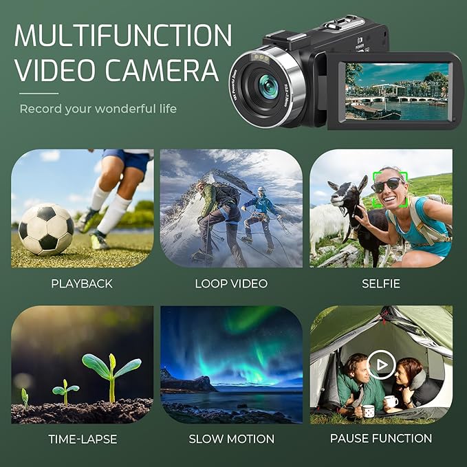 4K Camcorder Video Camera Ultra HD 80MP IR Night Vision Vlogging Camera for YouTube,18X Digital Zoom Camcorder 3.0" 270° Rotation IPS Screen Video Recorder with 32GB SD Card, Lens Cap and 2 Batteries