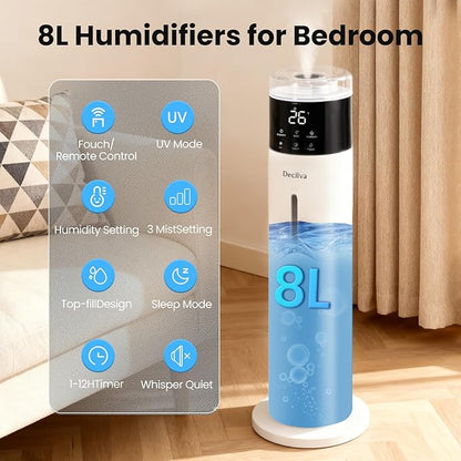 Large Humidifier for Bedroom, 8L/2.1Gal Ultrasonic Cool Mist, Remote control,Easy Clean with 350ML/H Large Mist Speed, Suitable for Kids Room Plant Yoga Study Room Office (White)