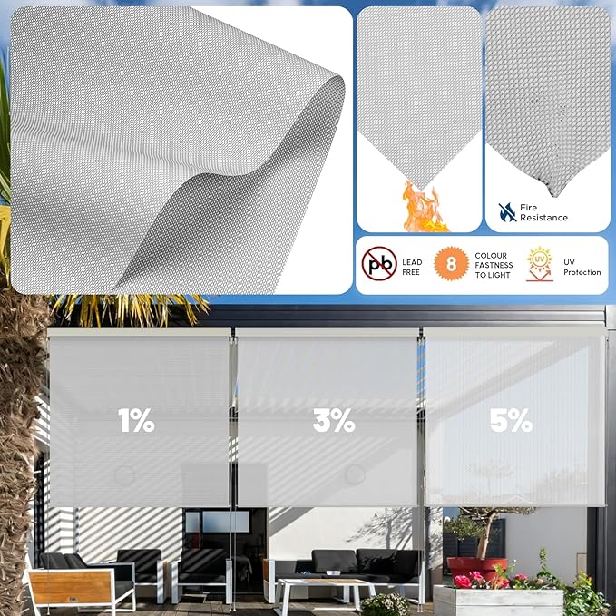 Motorized Outdoor Shades, Custom Patio Roller Blinds with Remote, Smart Exterior Sun Shades Compatible with Alexa, HomeKit, Google Home (5% Openness Sliver)