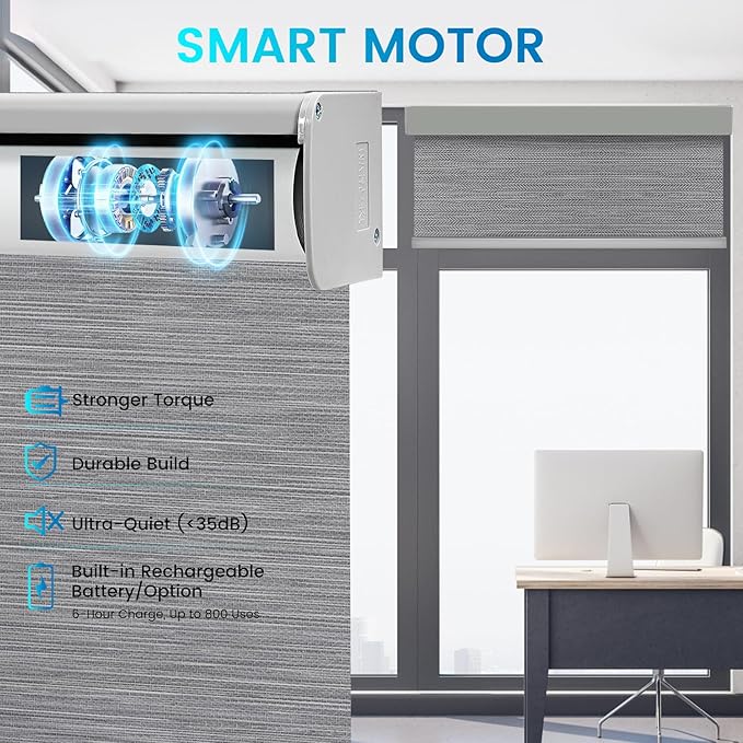 Motorized 100% Blackout Roller Shades – Custom Smart Blinds with Remote Control, Rechargeable Battery or Plug-in Motor, Tuya WiFi Optional, Home & Office Automatic Window Shades (Graphite Gray/CH9425)