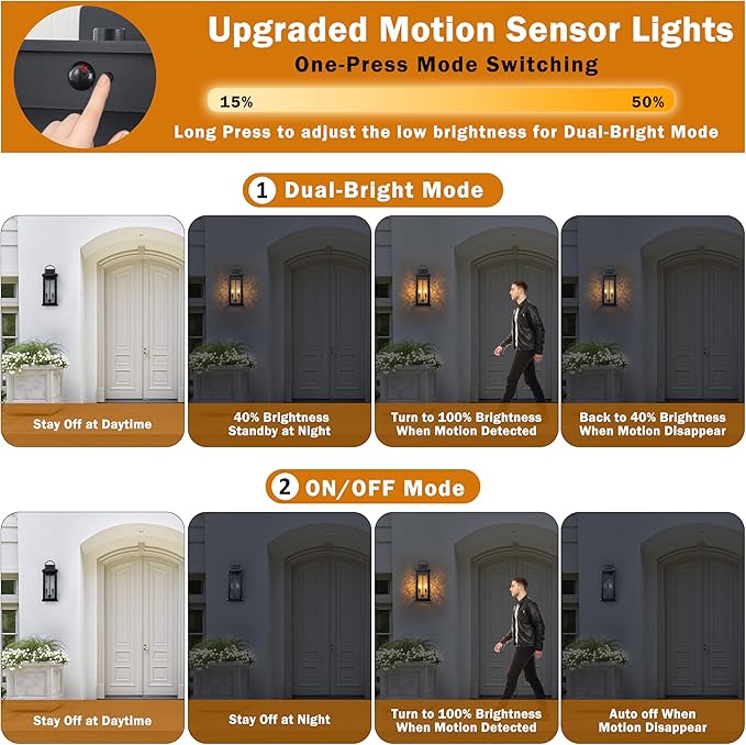20 Inch Large Motion Sensor Outdoor Lights, Matte Black Dusk to Dawn Outdoor Wall Lights with Water Glass, 3 Lighting Modes Porch Lights Outdoor Light Fixture, Waterproof Outdoor Lights for House