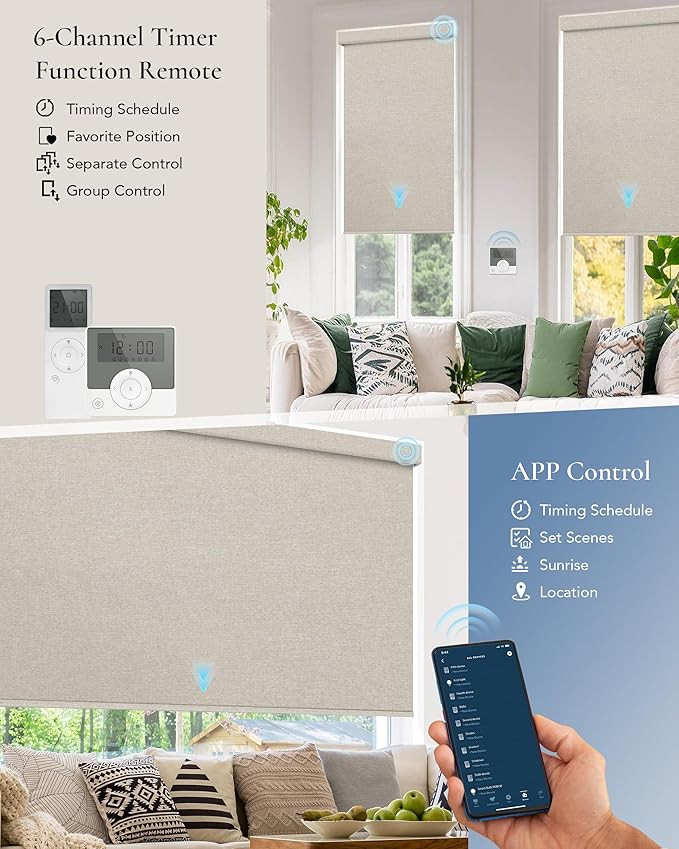 Motorized Blinds Compatible with Alexa Google Custom to 108" Width 100% Blackout Smart Blind Automatic Large Window Roller Shades Remote Control Fabric Beige