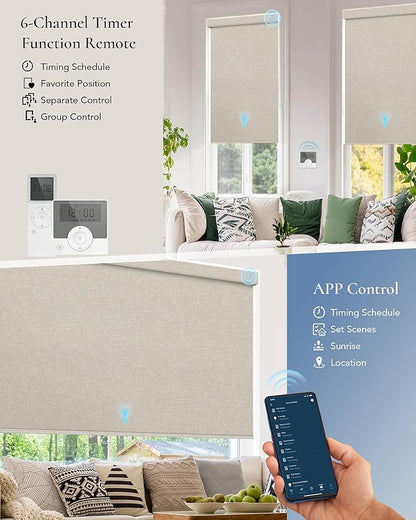 Motorized Blinds Compatible with Alexa Google Custom to 108" Width 100% Blackout Smart Blind Automatic Large Window Roller Shades Remote Control Fabric Beige