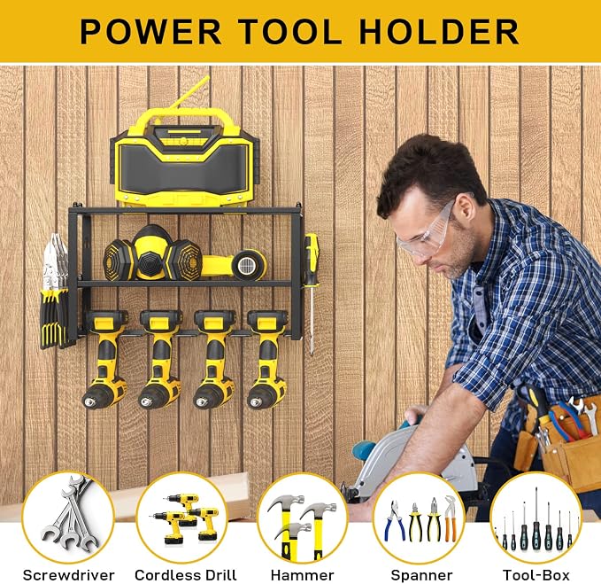 SPACECARE Power Tool Organizer- 1 Pack 3 Layers Rack for 4 Drill Holders | Heavy Duty Tool Shelf Durable Wall Mount Tool Storage Rack for Work Shop, Garage Organization, 150Lbs Load Capacity, Black
