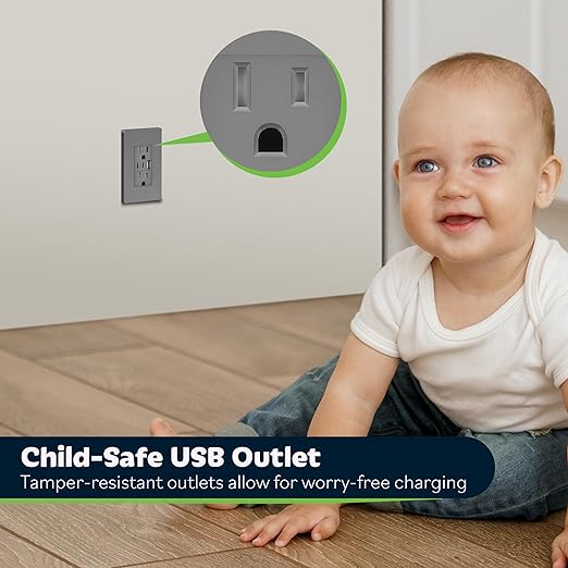 TOPGREENER 4.2A 3-Port Type C USB Outlet, 15 Amp Receptacle Plug, Charging Power Outlet with Dual Type C&A Ports, Screwless Wall Plate Included, UL Listed, TU21542AC2-GYSID, Gray, 2 Pack