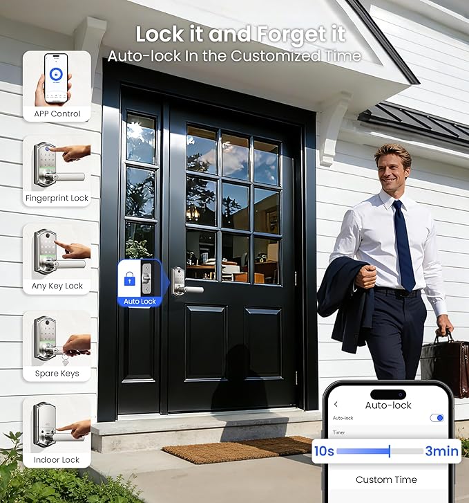 Veise VE019 Fingerprint Smart Lever Lock, App Control, Keyless Entry Door Lock with Handle, Touchscreen Keypad Knob for Front Door and Bedroom, Remote Access Sharing, IP55 Waterproof, Satin Nickel