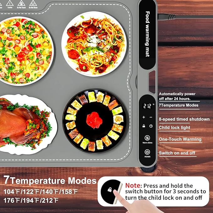Electric Warming Tray&Food Warming MatFast Full Surface Electric Warming Tray with 7 Temp-Settings & 8H Timer, Portable Roll Up Food Warmer for Gatherings (Grey, 24''X15'')