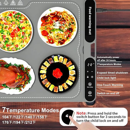 Electric Warming Tray&Food Warming MatFast Full Surface Electric Warming Tray with 7 Temp-Settings & 8H Timer, Portable Roll Up Food Warmer for Gatherings (Grey, 24''X15'')