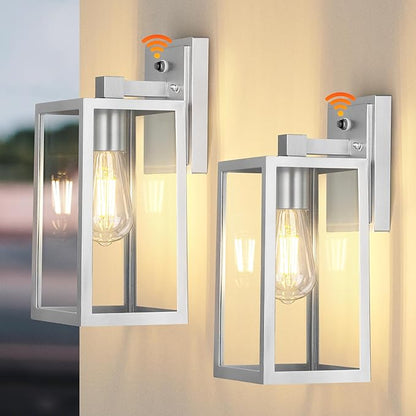 PARTPHONER Silver Dusk to Dawn Porch Lights Fixtures Wall Mount, Sensor Exterior Lighting Lamp set of 2, Anti Rust Wall Sconce, Waterproof Outdoor Wall Lantern for House Doorway, Garage, WTWL176AS2