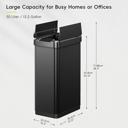 EKO Phantom-T 13.2 Gallon/ 50L Automatic Sensor Kitchen Trash Can, Slim Stainless Steel Touchless Garbage Bin with Soft-Close Dual Wing Lid for Home & Office, Matte Black