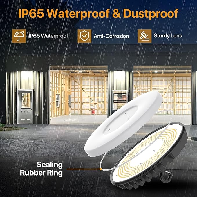 Smart High Bay Led Shop Lights 200W - Micware Motion Sensor 24000LM UFO LED High Bay Light with Multi-Function Remote, 10%-100% Dimmable IP65 Waterproof 5000k Garage Lighting