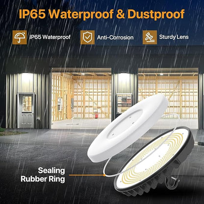 Smart High Bay Led Shop Lights 200W - Micware Motion Sensor 24000LM UFO LED High Bay Light with Multi-Function Remote, 10%-100% Dimmable IP65 Waterproof 5000k Garage Lighting
