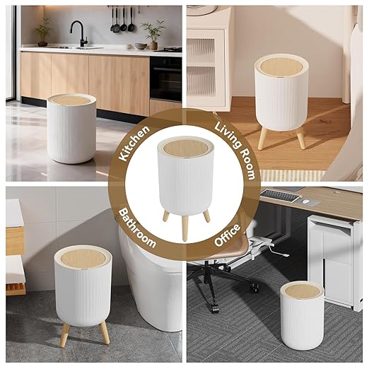 Automatic Bathroom Small Trash Can with Lid, 2.38 Gal Smart Motion Sensor Wastebasket, Waterproof Garbage Can with Legs and Wood Grain Top for Kitchen,Bedroom,Office,Desk, Living Room, RV
