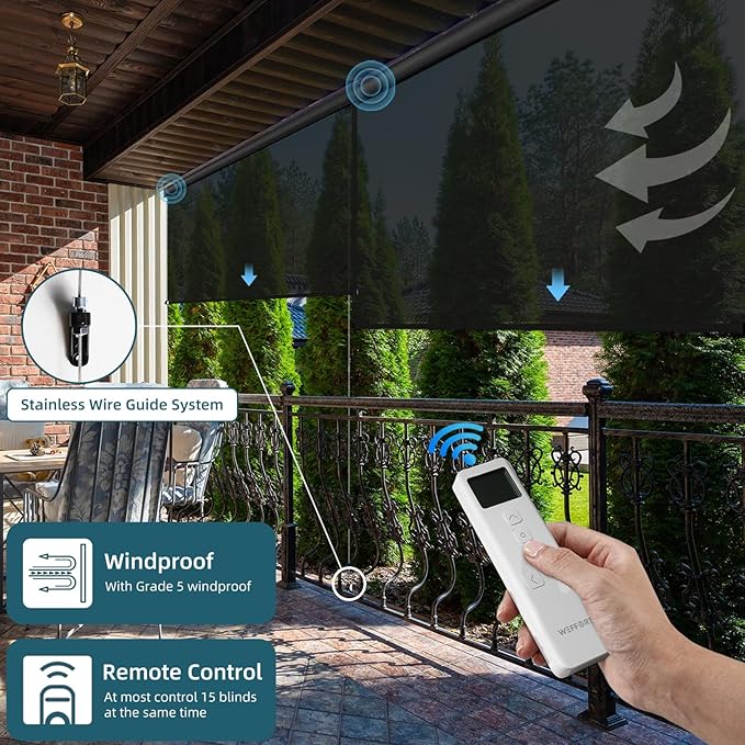 Motorized Outdoor Roller Shades,Patio Roll Up Blind Work with Alexa,Google Home,Apple Homekit,Remote Control Sun Shade,Waterproof &Windproof Smart Blinds for Porch,Sirus Black, 5% Openness