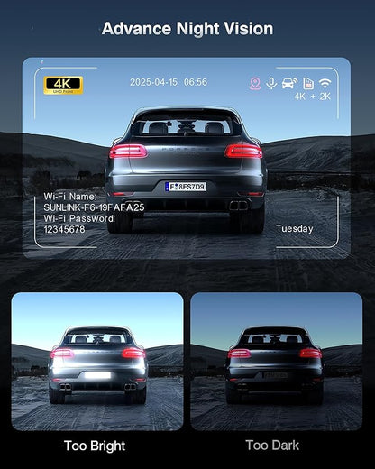 Dash Cam Front and Rear, 4K+2K Recording Dash Camera for Cars, Night Vision with WDR, 170° Wide Angle, 5.8G/2.4G Dual Wi-Fi, 64GB Card, Built-in GPS, G-Sensor Emergency Lock, 24H Parking Monitor