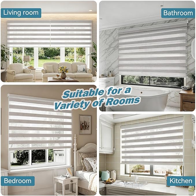 Interior Window Shades, Smart Dual Layer Light Filtering Blinds Compatible with Alexa & Google Home, Customized Size Cordless Electric Window Shades, (Linen White, 55% Blackout)