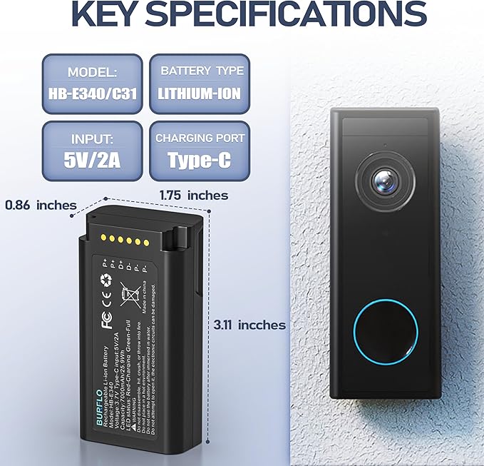 Burflo 7000mAh Battery for Eufy E340 & C31 Doorbell- High Capacity, Type-C Fast Charging, Compatible with Eufy Security Video Doorbell E340,C31,T8214,T8743,T8223,T8743111, HB-E340 Models