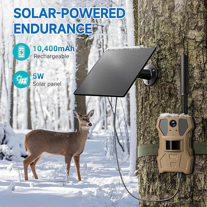4G Cellular Trail Camera w/Live Feed, AI Detection for Deer, 33MP Photo 2K HD Video, Solar-Powered Live Streaming Game Camera No-Glow IR Flash, 120° FOV, IP65 Waterproof, 32GB SD Card Included