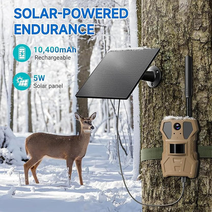 4G Cellular Trail Camera w/Live Feed, AI Detection for Deer, 33MP Photo 2K HD Video, Solar-Powered Live Streaming Game Camera No-Glow IR Flash, 120° FOV, IP65 Waterproof, 32GB SD Card Included