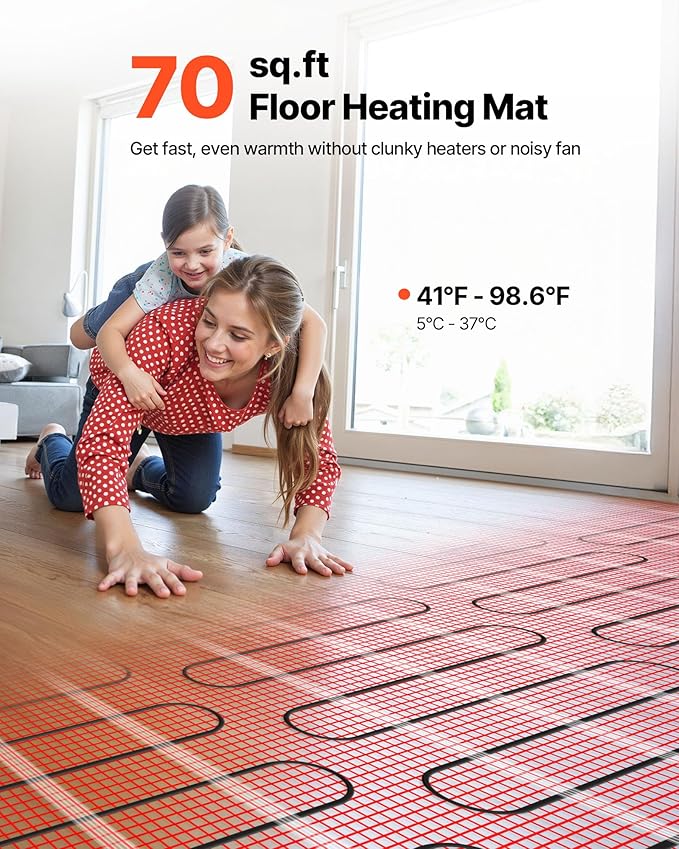 VEVOR Self-Adhesive Mesh Floor Heating Mat, 70 sqft 120V, Smart Thermostat & Alarm, Easy Install for Tile, Stone & Vinyl Flooring