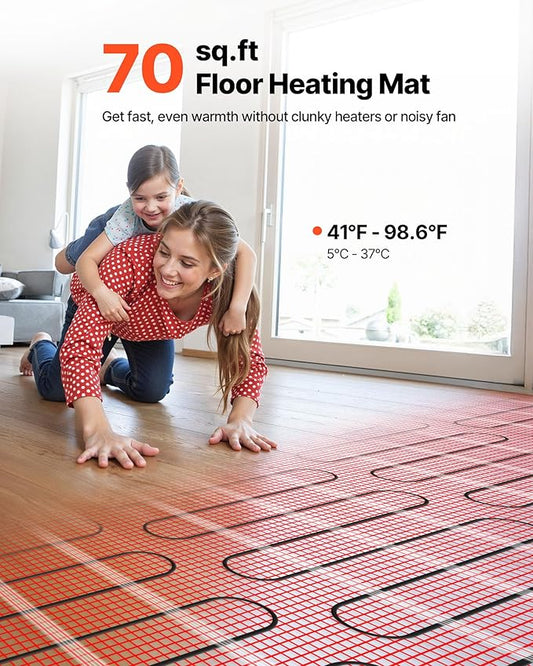 VEVOR Self-Adhesive Mesh Floor Heating Mat, 70 sqft 120V, Smart Thermostat & Alarm, Easy Install for Tile, Stone & Vinyl Flooring