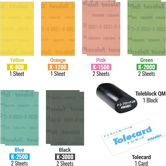 Tolecut Starter Kit - Full Sheet QM, PSA Sanding Sheets for Nibs, Runs and Imperfections, SP9739, K800 - K3000, 10 Sheets + 1 Toleblock + 1 Tolecard