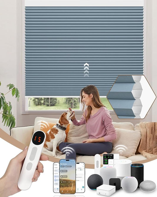 Kincmo Motorized Cellular Shades, Custom Motorized Blinds with Remote, Cordless Smart Electric Honeycomb Blinds Work with Apple HomeKit, Alexa, Google (100%-Blackout-Single-Cell Blue)